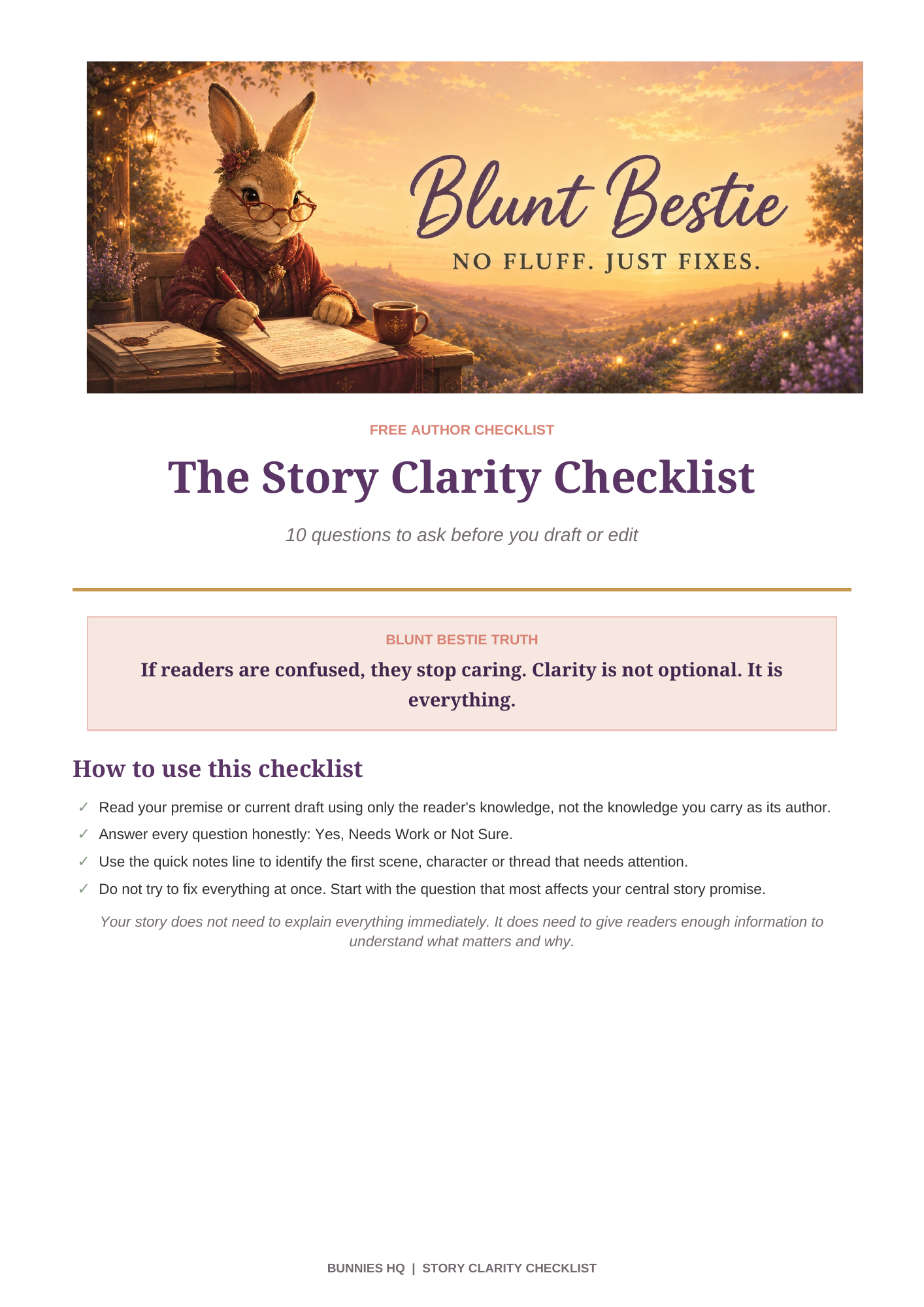 Cover of The Story Clarity Checklist featuring Roxie, the Blunt Bestie rabbit editor